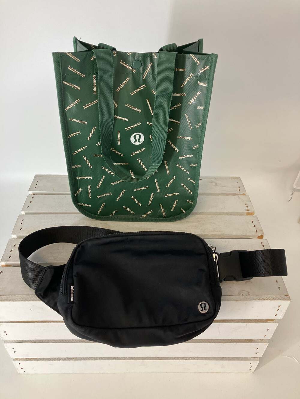 LULULEMON BLACK WAIST BELT BAG WITH GREEN SHOPPING TOTE